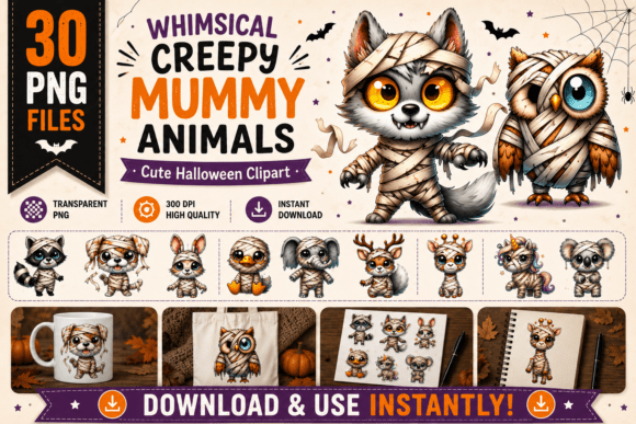 30 Watercolor Creepy Mummy Animal Clipart