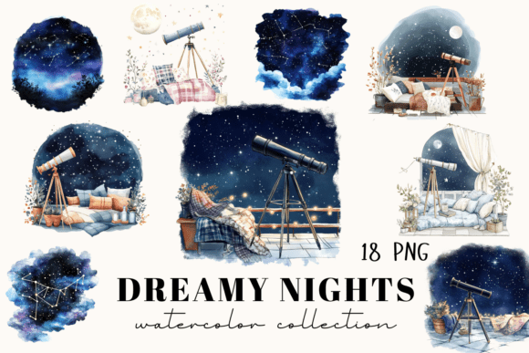 Dreamy Night Watercolor Clipart – 18 Png
