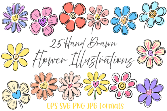 The Artistic Appeal of 25 Heart Doodle Hand Drawn Flowers Flora in Modern Design