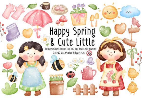 Watercolor Happy Spring and Cute Little: A Unique Digital Art Resource